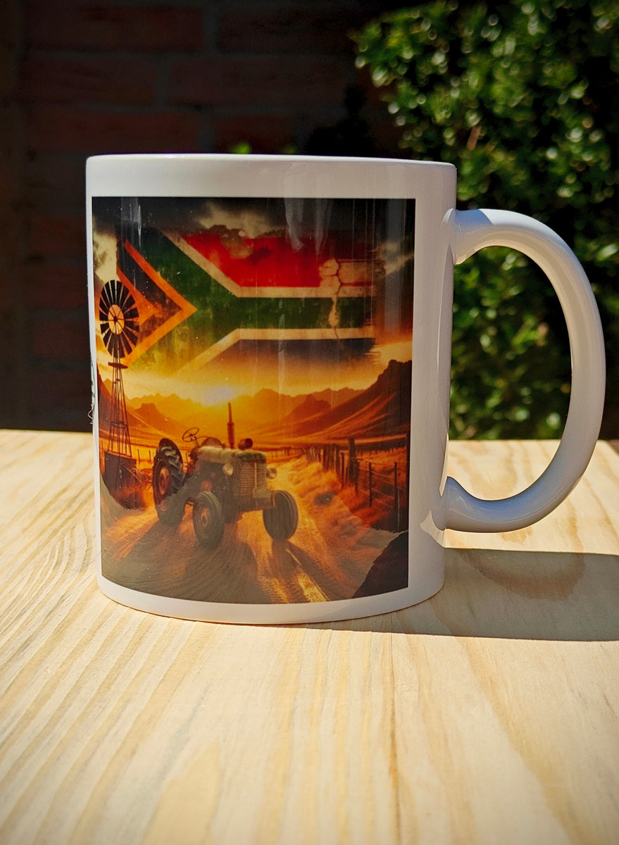 Proudly South African Tractor Mug – Rustic Green Tractor, Flag in Sky, Windmill, Fence & Mountain Scene