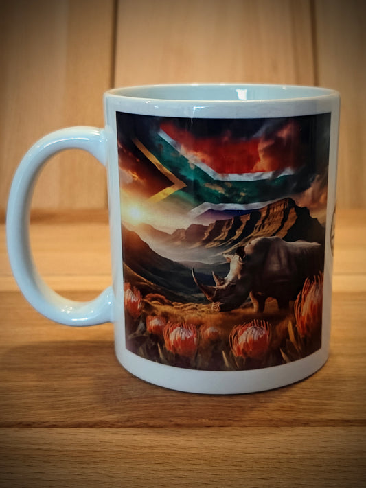 Rhinoceros Coffee Mug with Protea flowers and South African flag