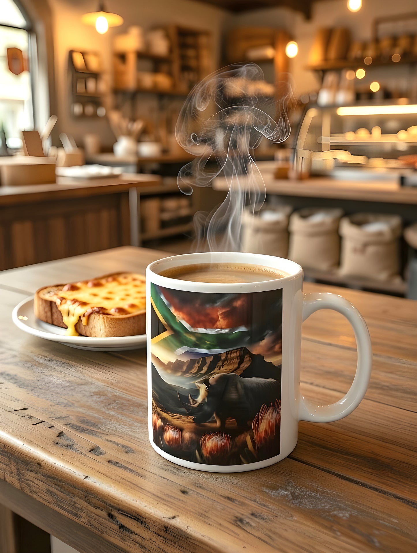 Coffee Mug with Rhinoceros, Protea Flowers & South African Flag – Dishwasher Safe