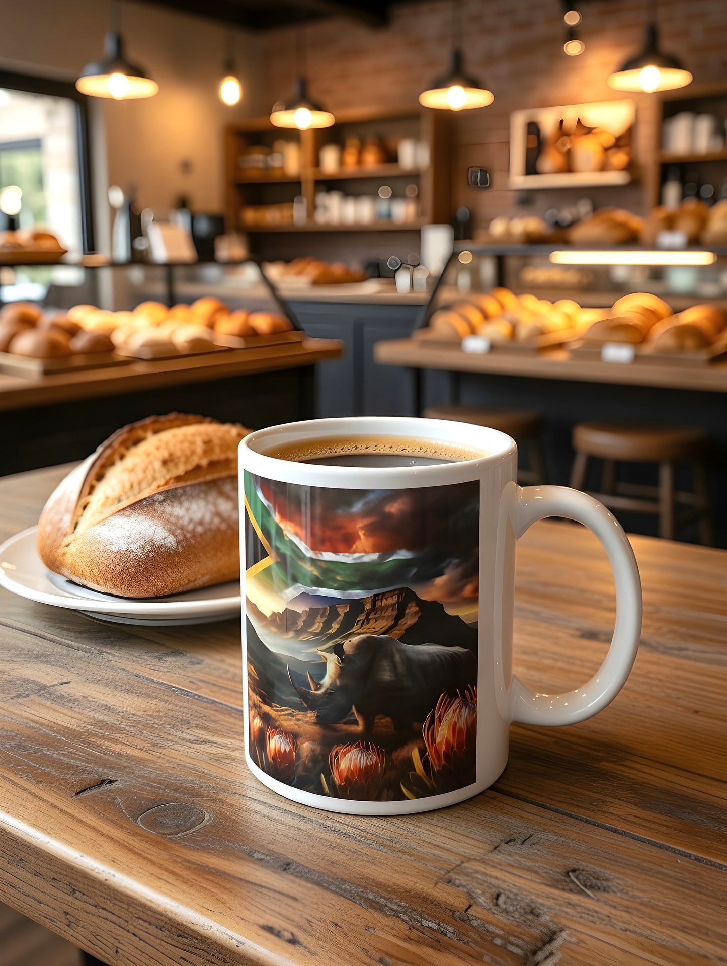 Coffee Mug with Rhinoceros, Protea Flowers & South African Flag – Dishwasher Safe