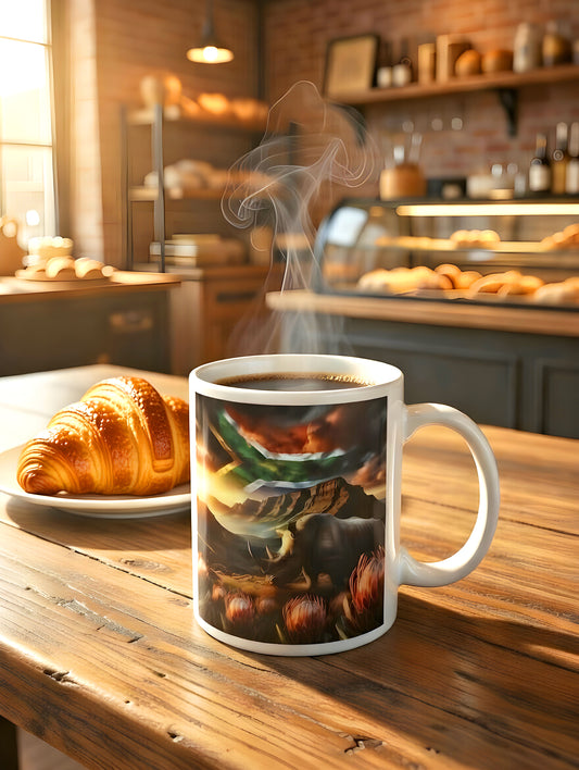 Coffee Mug with Rhinoceros, Protea Flowers & South African Flag – Dishwasher Safe