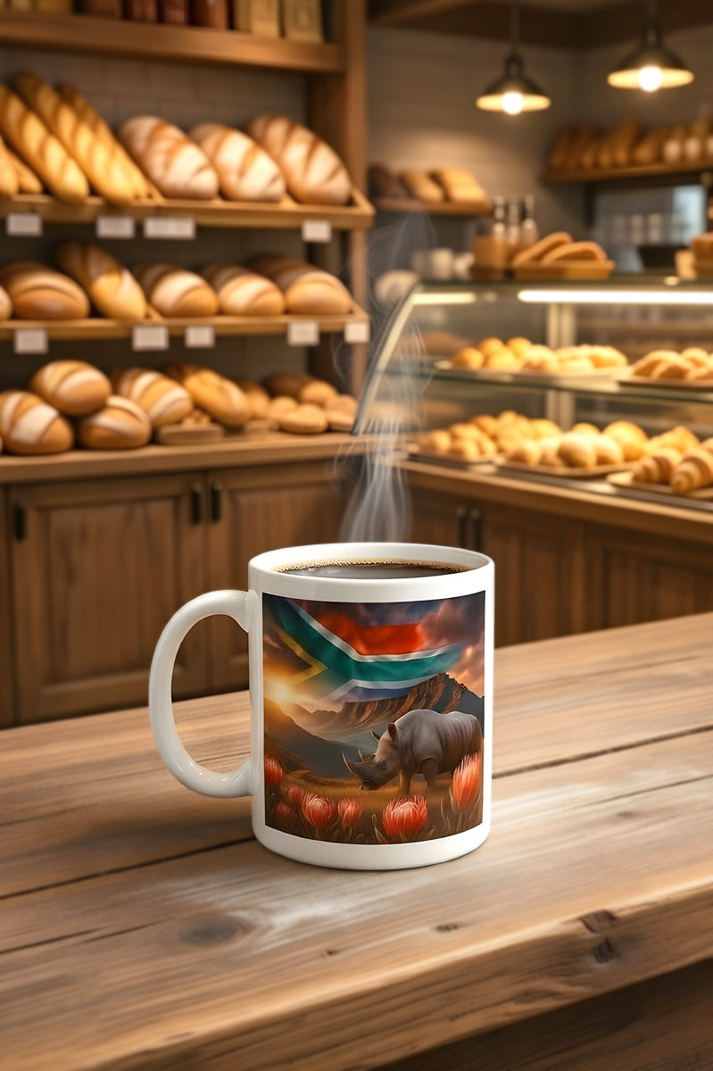 Coffee Mug with Rhinoceros, Protea Flowers & South African Flag – Dishwasher Safe