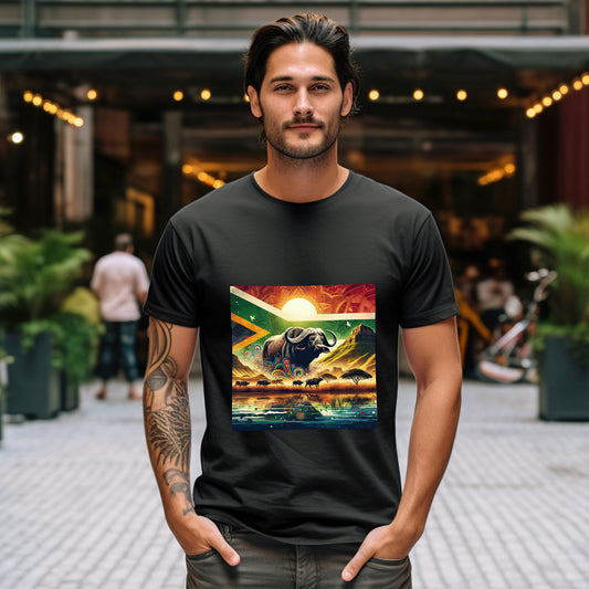 African Buffalo with colorful Landscape , the South African Flag Unisex Softstyle T-Shirt