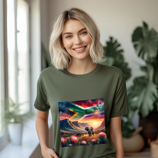 African Elephant Unisex Softstyle T-Shirt with Proteas and landscape in the background and the South African flag