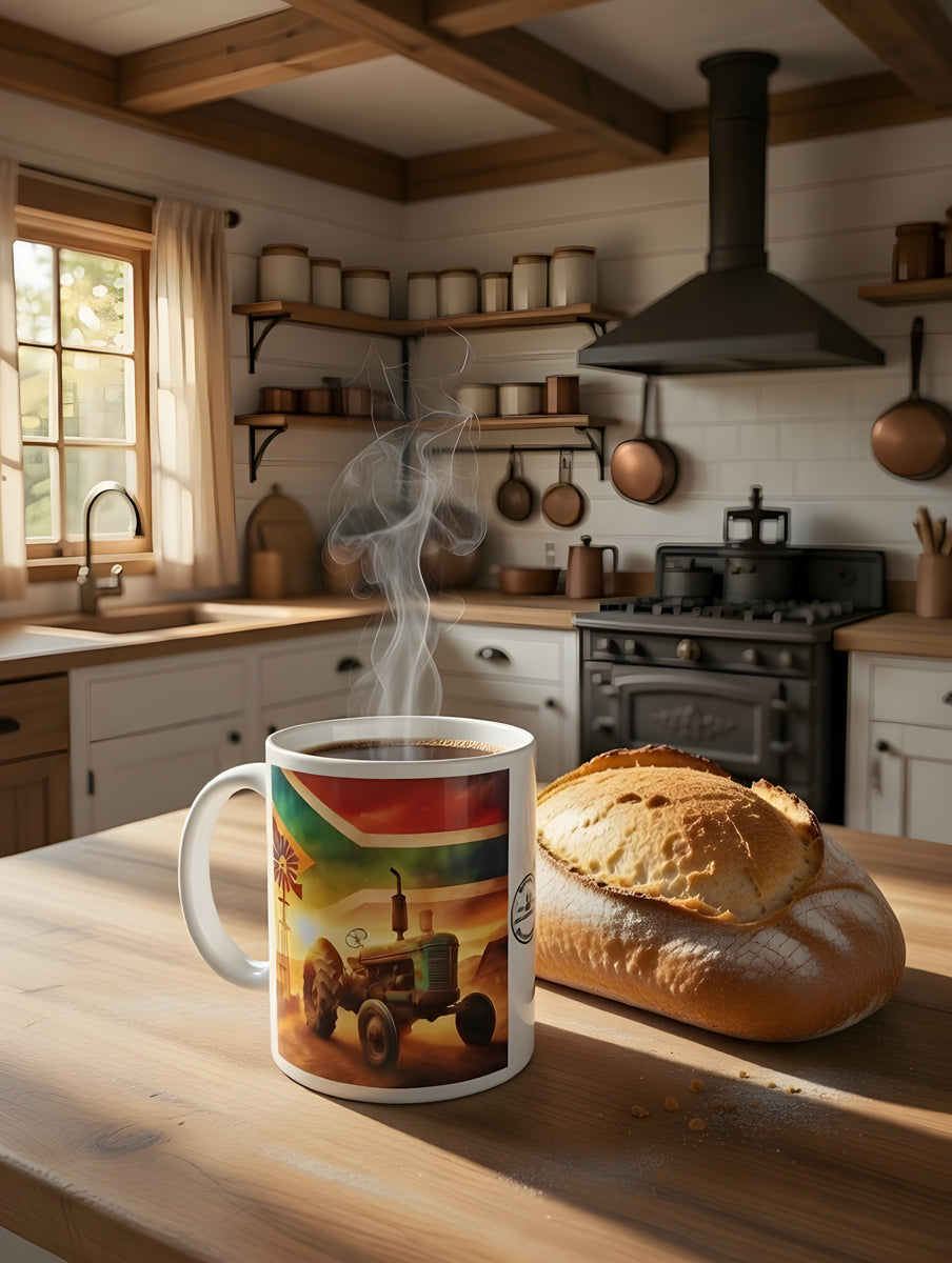 Blue-Green Rustic Tractor Coffee Mug – South African Flag Sky, Farm Wind Pump & Mountain Scenery – Proudly South African Farmer Gift