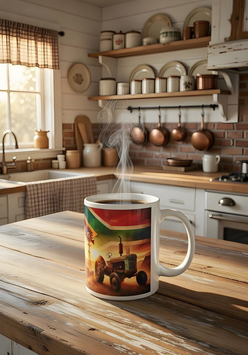Blue-Green Rustic Tractor Coffee Mug – South African Flag Sky, Farm Wind Pump & Mountain Scenery – Proudly South African Farmer Gift