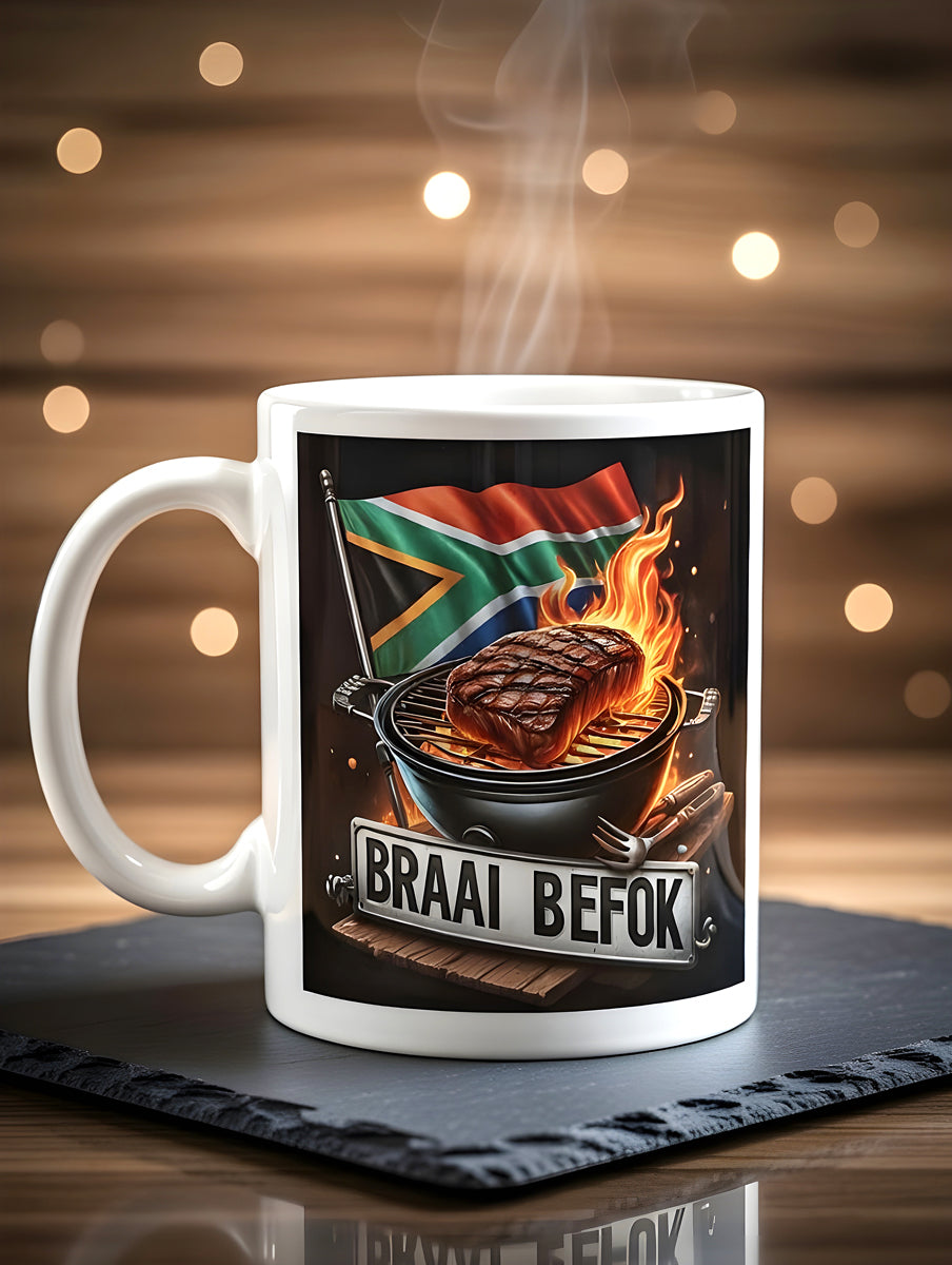 Braai Befok Coffee Mug with Braai, Meat on Grill & South African Flag – Dishwasher Safe Ceramic Mug