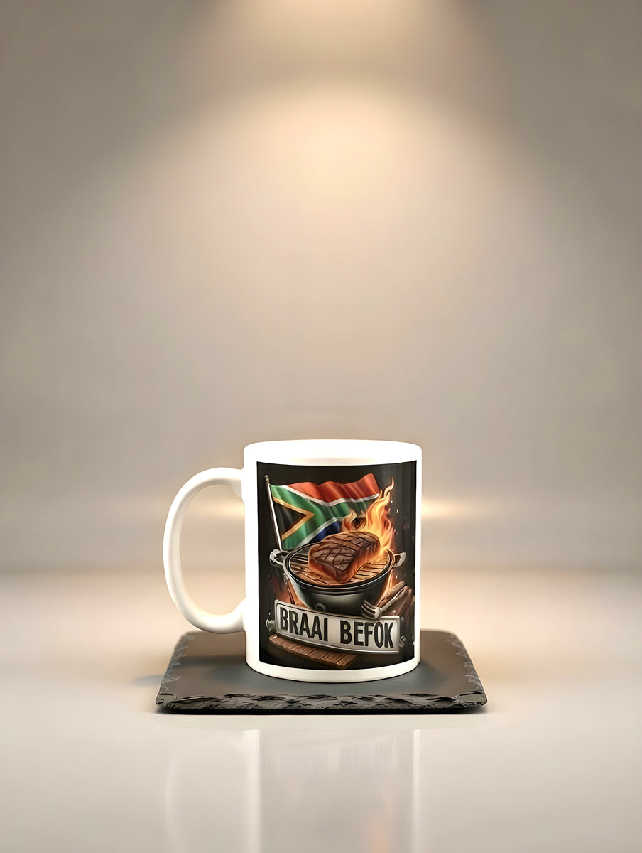 Braai Befok Coffee Mug with Braai, Meat on Grill & South African Flag – Dishwasher Safe Ceramic Mug