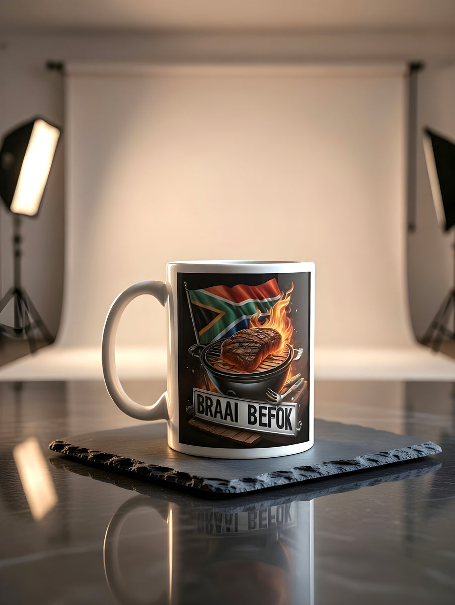 Braai Befok Coffee Mug with Braai, Meat on Grill & South African Flag – Dishwasher Safe Ceramic Mug