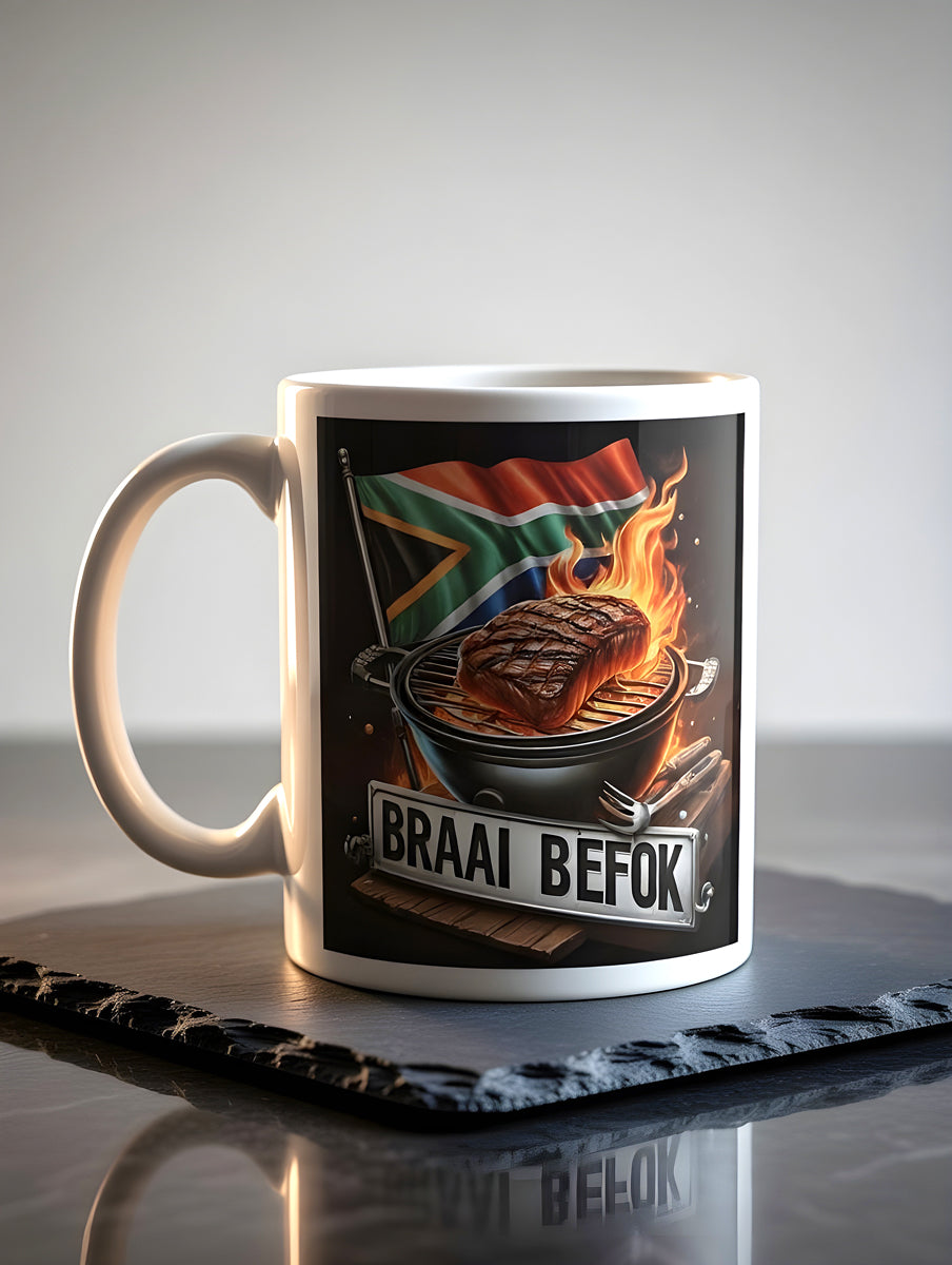 Braai Befok Coffee Mug with Braai, Meat on Grill & South African Flag – Dishwasher Safe Ceramic Mug