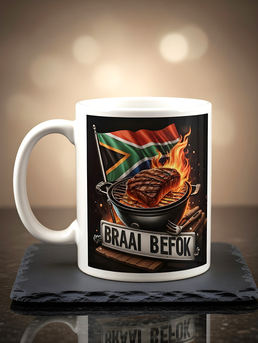Braai Befok Coffee Mug with Braai, Meat on Grill & South African Flag – Dishwasher Safe Ceramic Mug