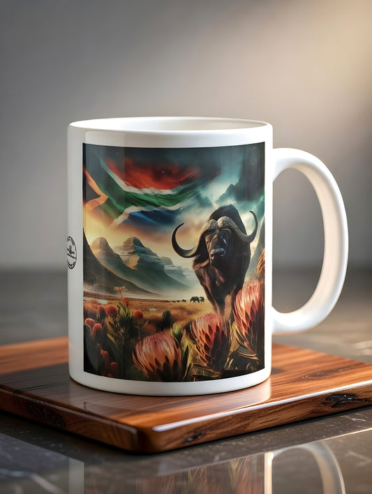 African Buffalo Coffee Mug with South African Flag – Dishwasher Safe Wildlife Mug