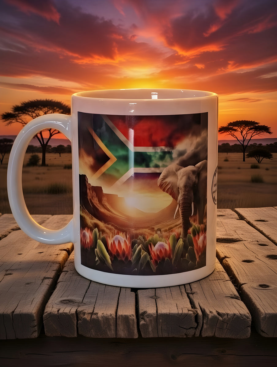 African Elephant Coffee Mug with Protea Flowers & South African Flag – Dishwasher Safe