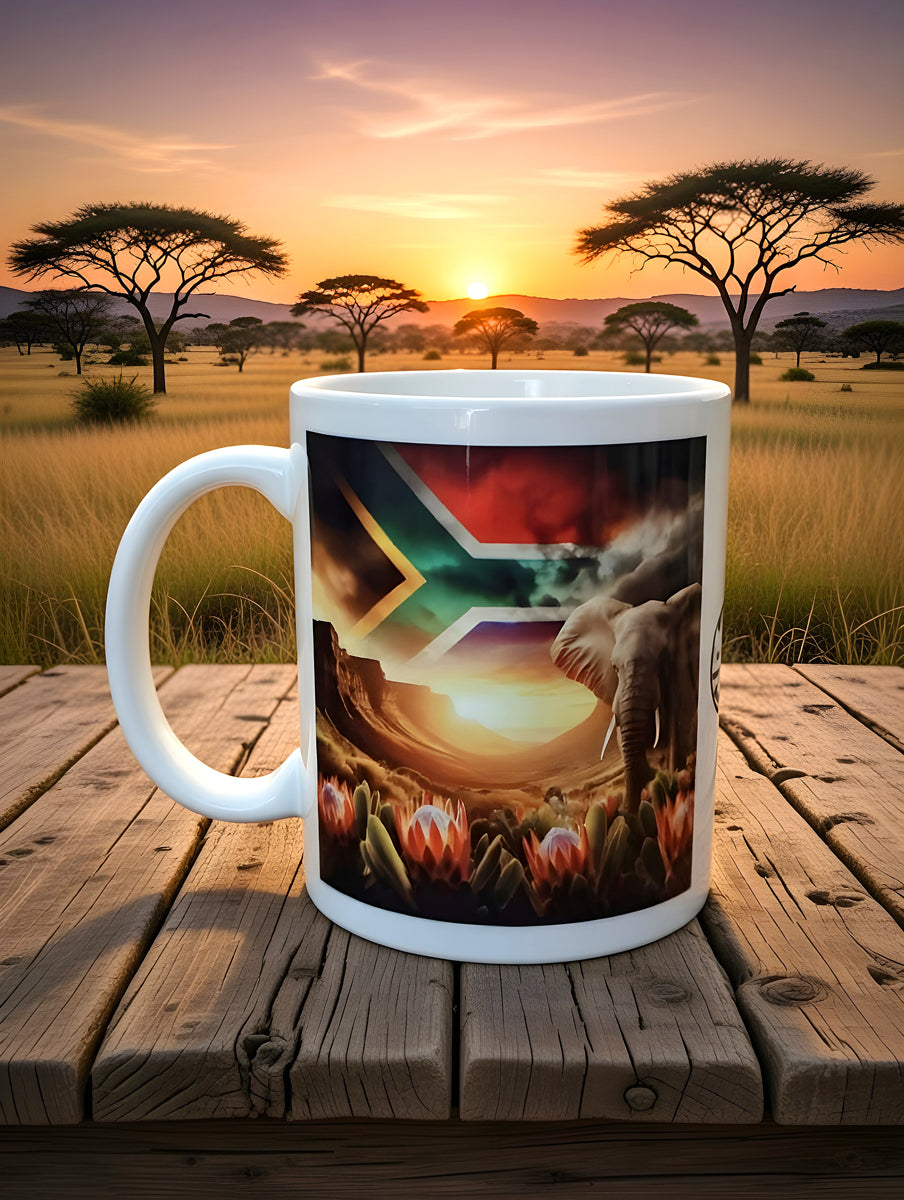 African Elephant Coffee Mug with Protea Flowers & South African Flag – Dishwasher Safe