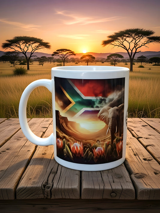 African Elephant Coffee Mug with Protea Flowers & South African Flag – Dishwasher Safe