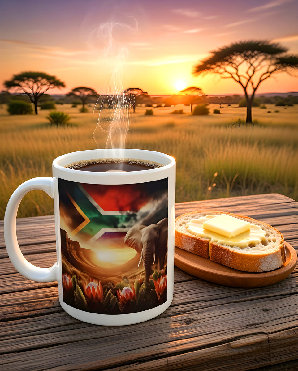 African Elephant Coffee Mug with Protea Flowers & South African Flag – Dishwasher Safe