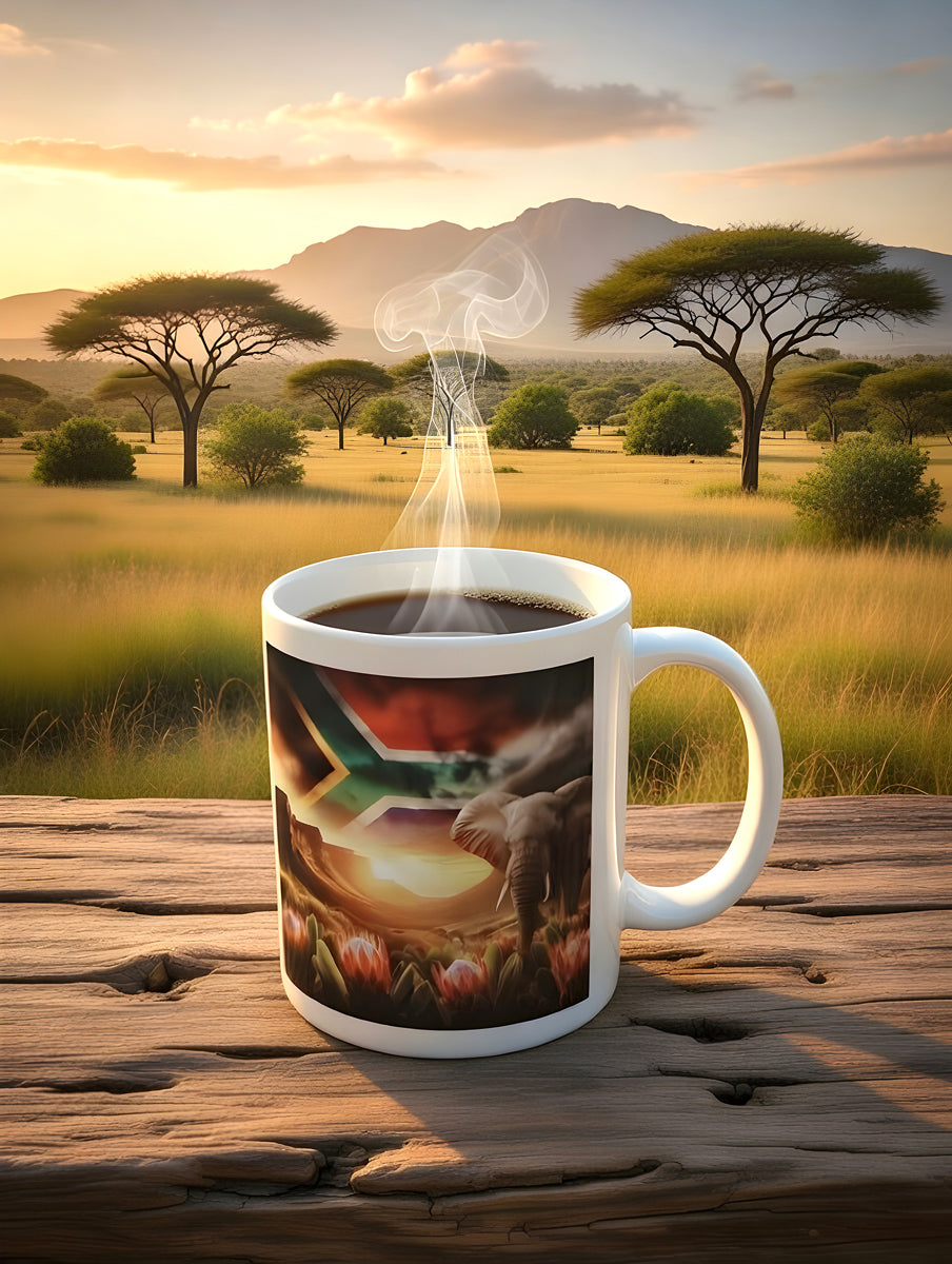African Elephant Coffee Mug with Protea Flowers & South African Flag – Dishwasher Safe