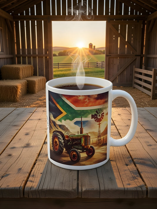 Rustic Green Tractor Coffee Mug – South African Flag Sky, Farm Wind Pump & Mountain Scene – Proudly South African Farmer Gift