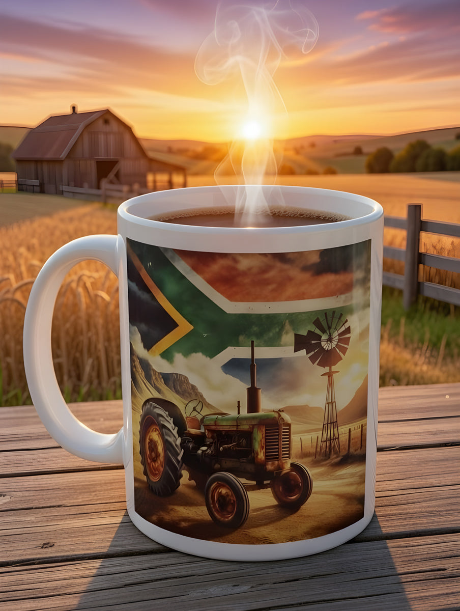 Rustic Green Tractor Coffee Mug – South African Flag Sky, Farm Wind Pump & Mountain Scene – Proudly South African Farmer Gift
