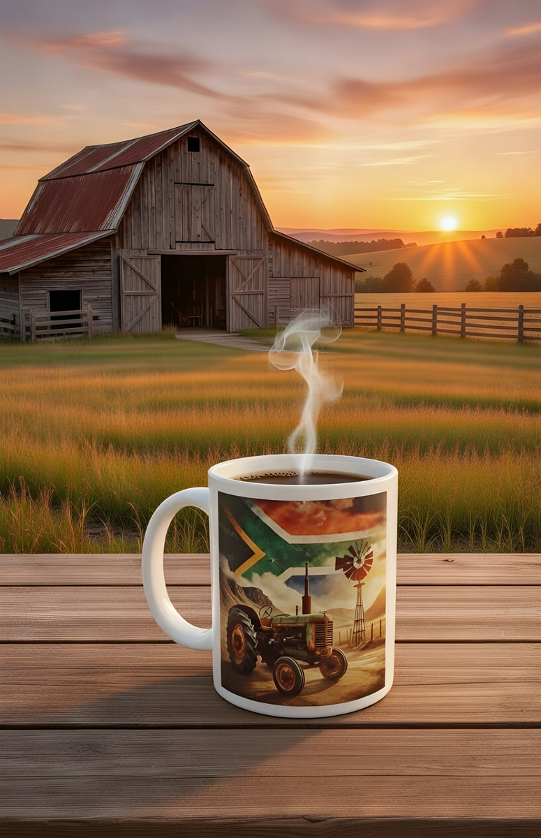 Rustic Green Tractor Coffee Mug – South African Flag Sky, Farm Wind Pump & Mountain Scene – Proudly South African Farmer Gift