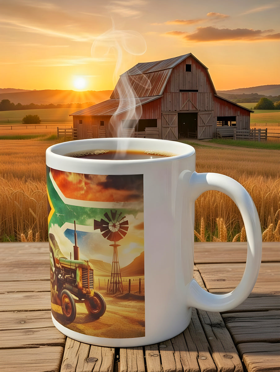 Rustic Green Tractor Coffee Mug – South African Flag Sky, Farm Wind Pump & Mountain Scene – Proudly South African Farmer Gift
