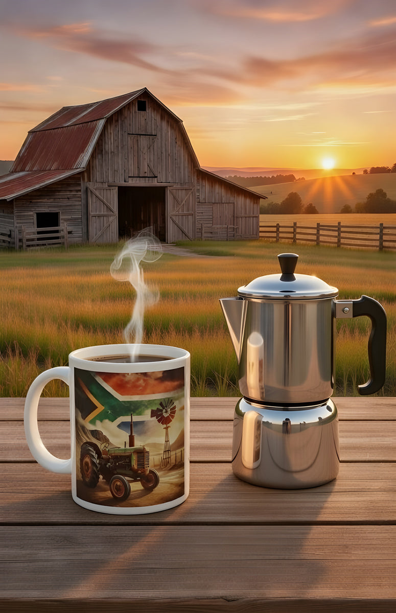 Rustic Green Tractor Coffee Mug – South African Flag Sky, Farm Wind Pump & Mountain Scene – Proudly South African Farmer Gift