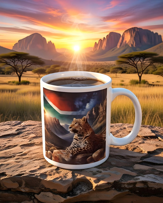African Leopard Coffee Mug with Drakensberg Mountains & South African Flag – Dishwasher Safe