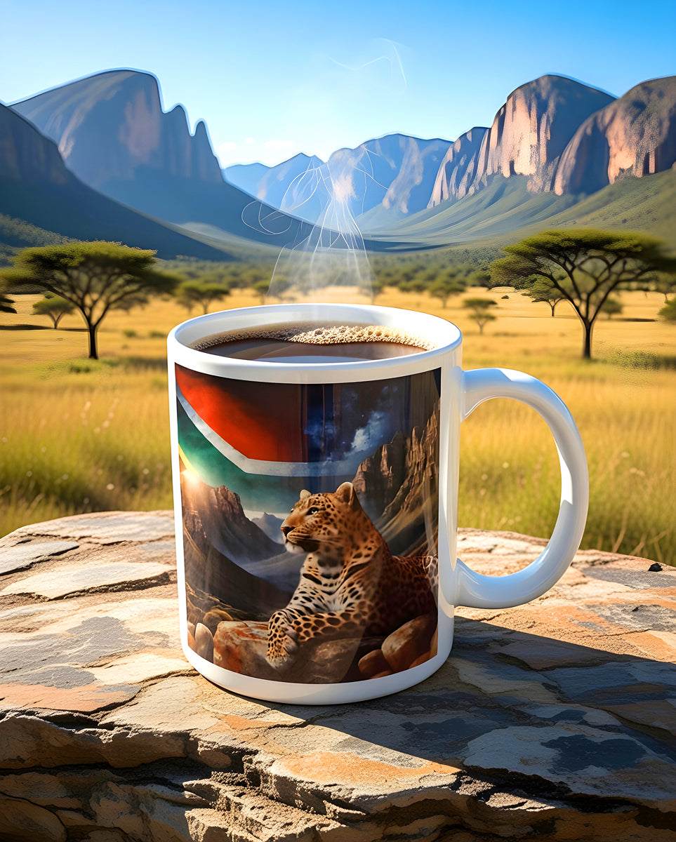 African Leopard Coffee Mug with Drakensberg Mountains & South African Flag – Dishwasher Safe