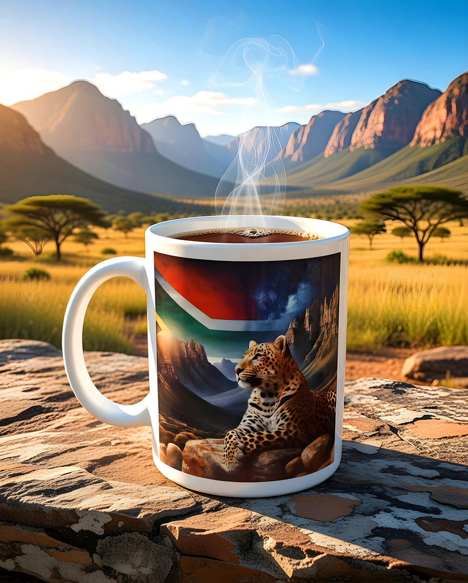African Leopard Coffee Mug with Drakensberg Mountains & South African Flag – Dishwasher Safe