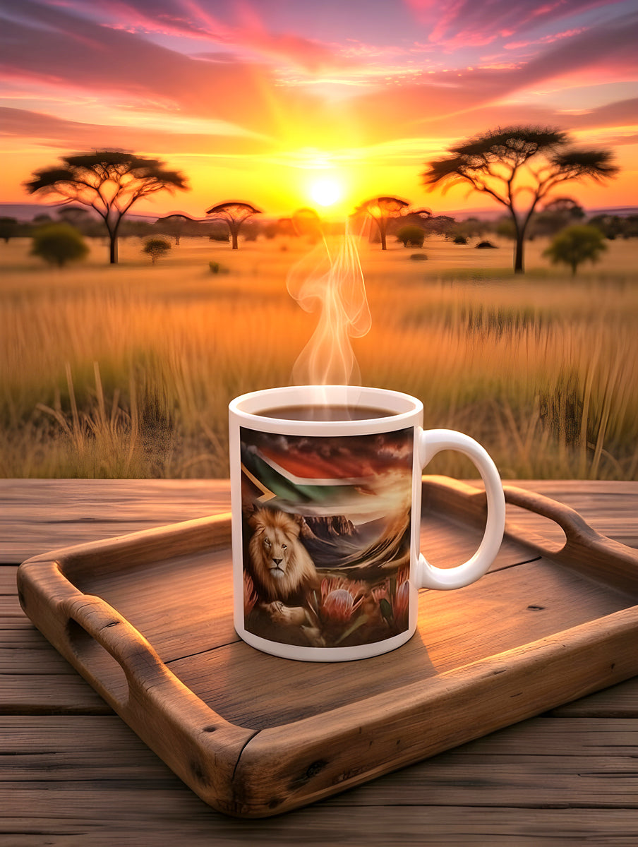 African Lion Coffee Mug with Protea Flowers, Drakensberg Mountains & South African Flag – Dishwasher Safe