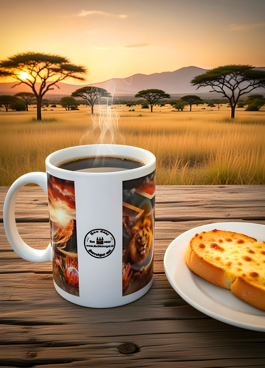African Lion Coffee Mug with Protea Flowers, Drakensberg Mountains & South African Flag – Dishwasher Safe