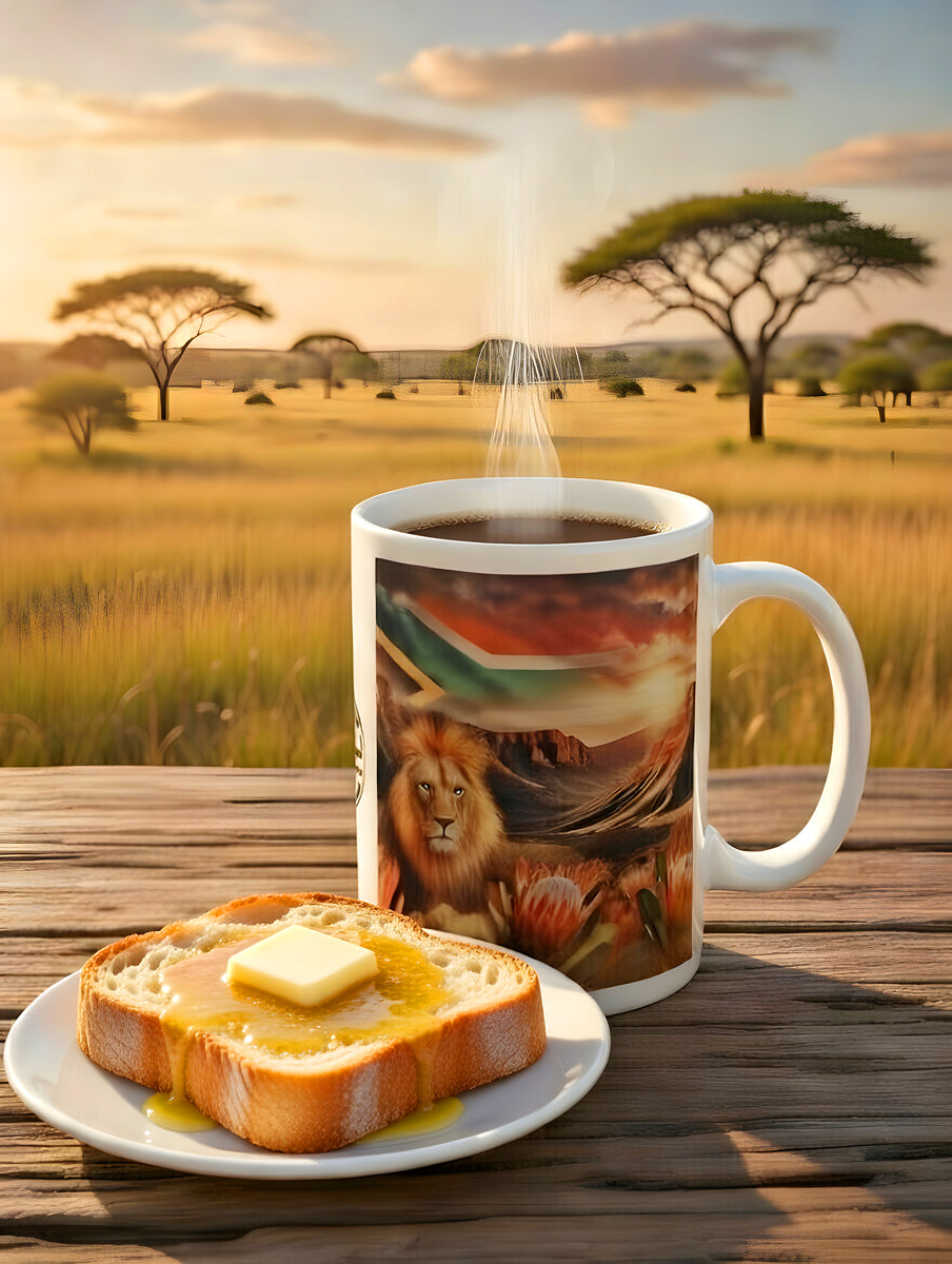 African Lion Coffee Mug with Protea Flowers, Drakensberg Mountains & South African Flag – Dishwasher Safe