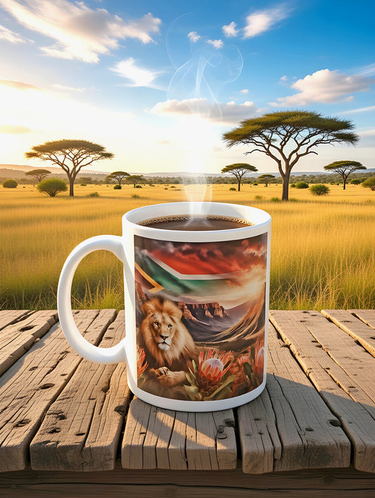 African Lion Coffee Mug with Protea Flowers, Drakensberg Mountains & South African Flag – Dishwasher Safe