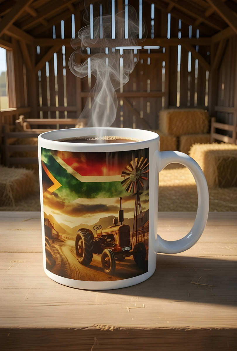 Rustic Brown-Red Tractor Coffee Mug – South African Flag Sky, Farm Windmill, Barn & Mountain Background – Proud Farmer Heritage Gift