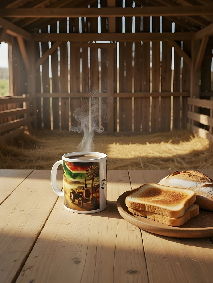 Rustic Brown-Red Tractor Coffee Mug – South African Flag Sky, Farm Windmill, Barn & Mountain Background – Proud Farmer Heritage Gift