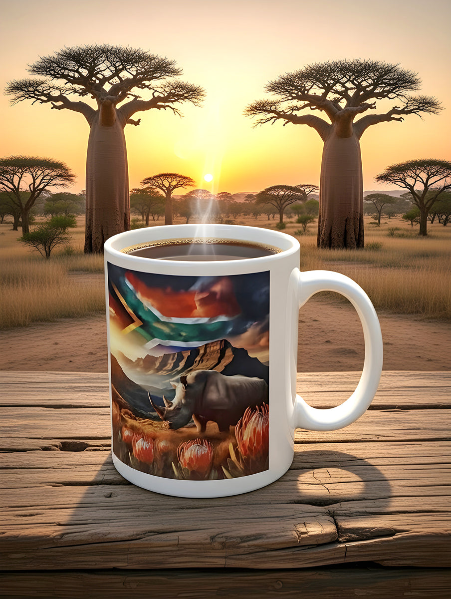 Coffee Mug with Rhinoceros, Protea Flowers & South African Flag – Dishwasher Safe