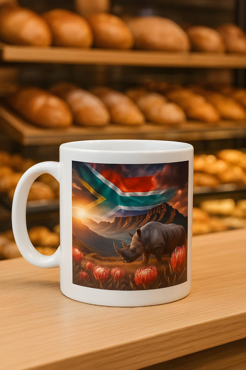 Coffee Mug with Rhinoceros, Protea Flowers & South African Flag – Dishwasher Safe
