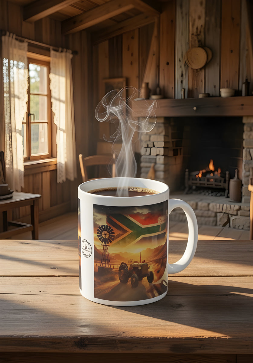 Proudly South African Tractor Mug – Rustic Green Tractor, Flag in Sky, Windmill, Fence & Mountain Scene