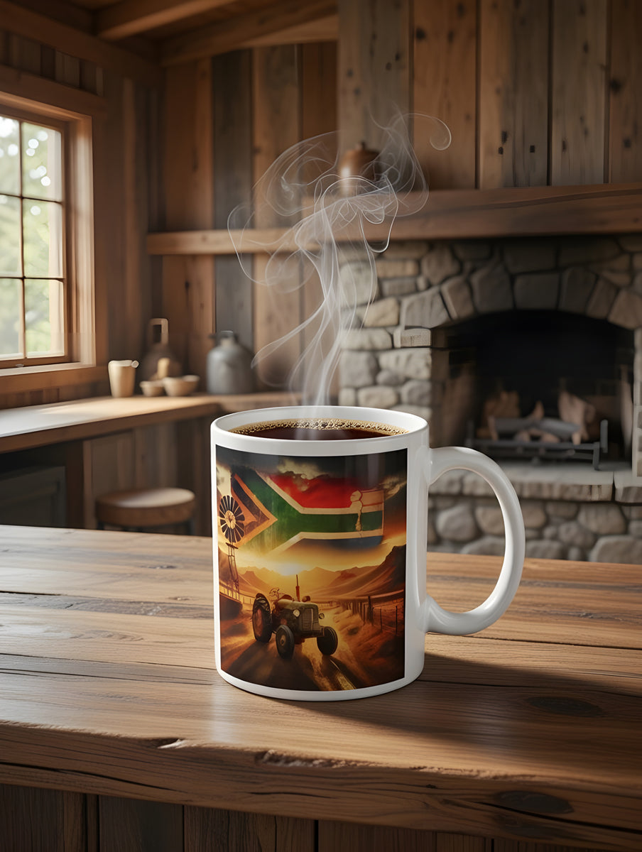 Proudly South African Tractor Mug – Rustic Green Tractor, Flag in Sky, Windmill, Fence & Mountain Scene