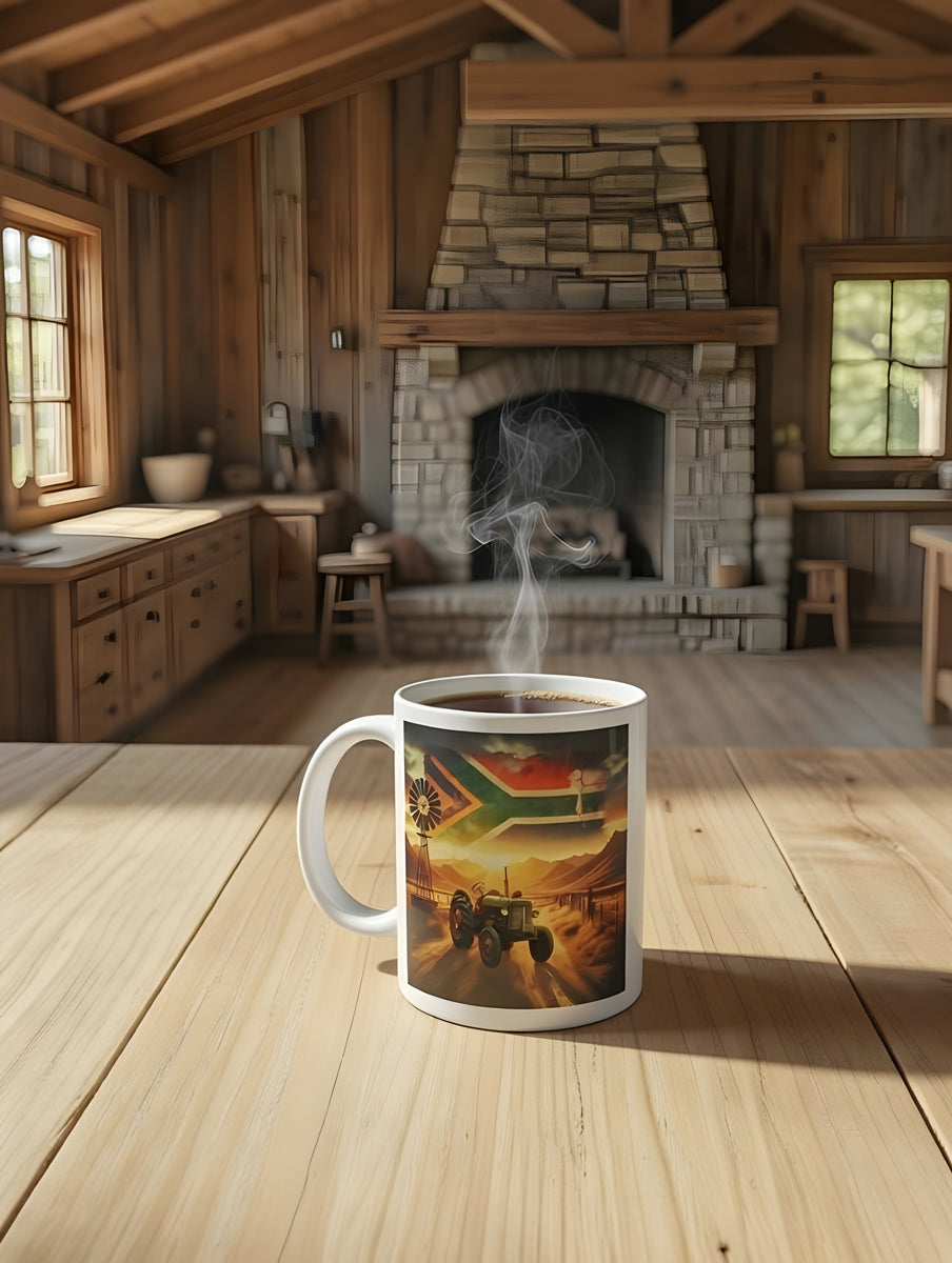Proudly South African Tractor Mug – Rustic Green Tractor, Flag in Sky, Windmill, Fence & Mountain Scene