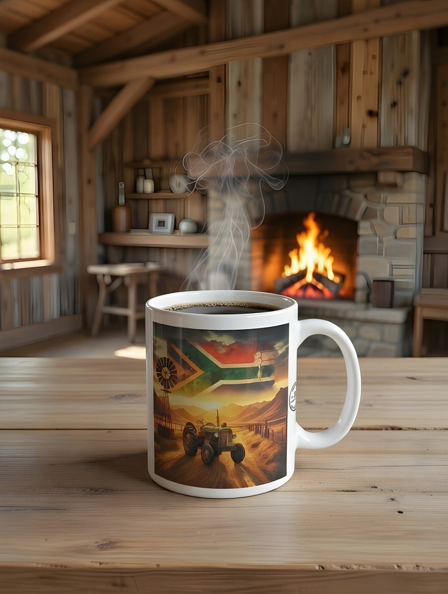 Proudly South African Tractor Mug – Rustic Green Tractor, Flag in Sky, Windmill, Fence & Mountain Scene