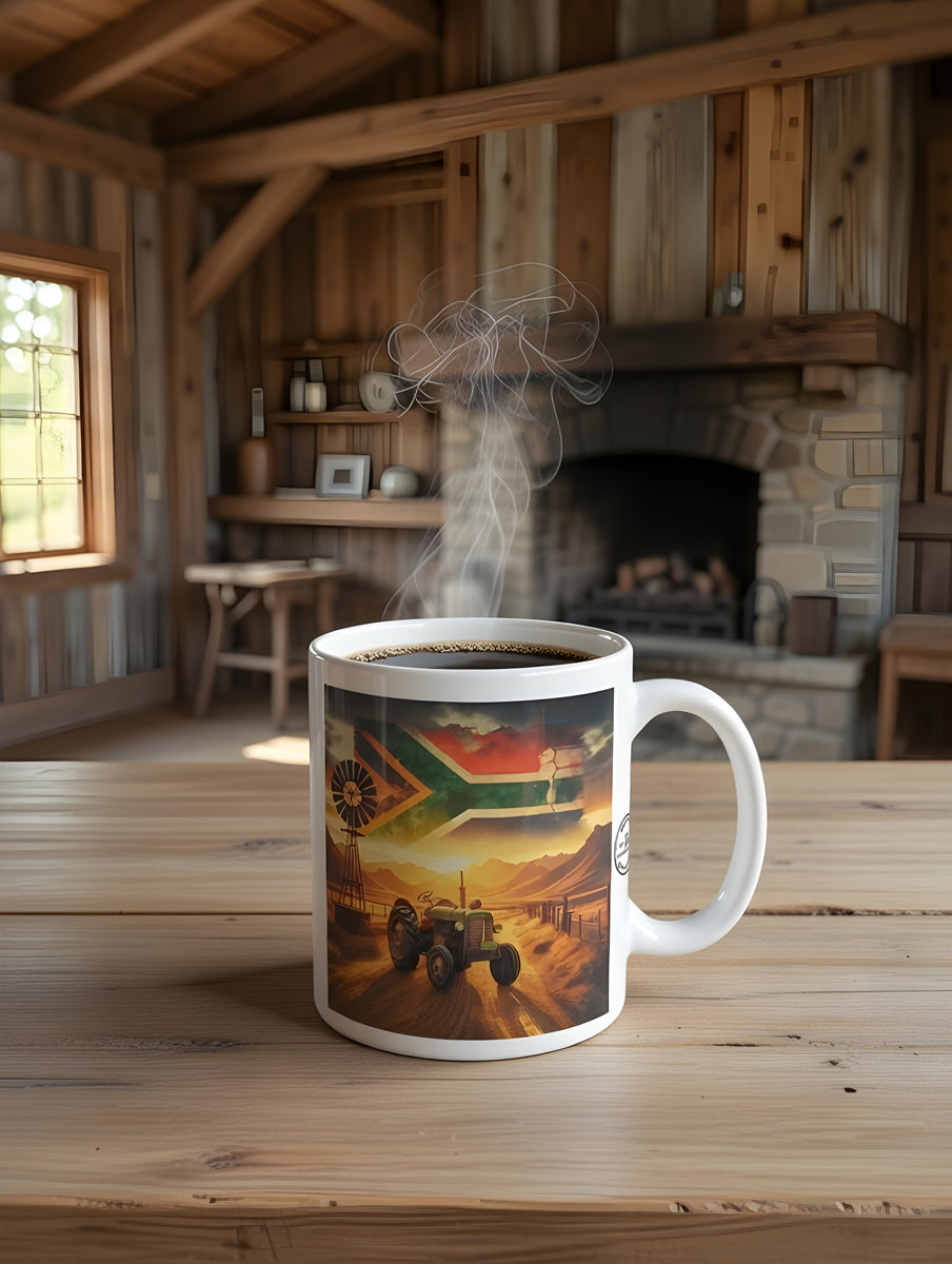 Proudly South African Tractor Mug – Rustic Green Tractor, Flag in Sky, Windmill, Fence & Mountain Scene