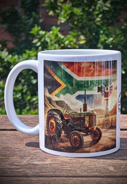Rustic Green Tractor Coffee Mug – South African Flag Sky, Farm Wind Pump & Mountain Scene – Proudly South African Farmer Gift