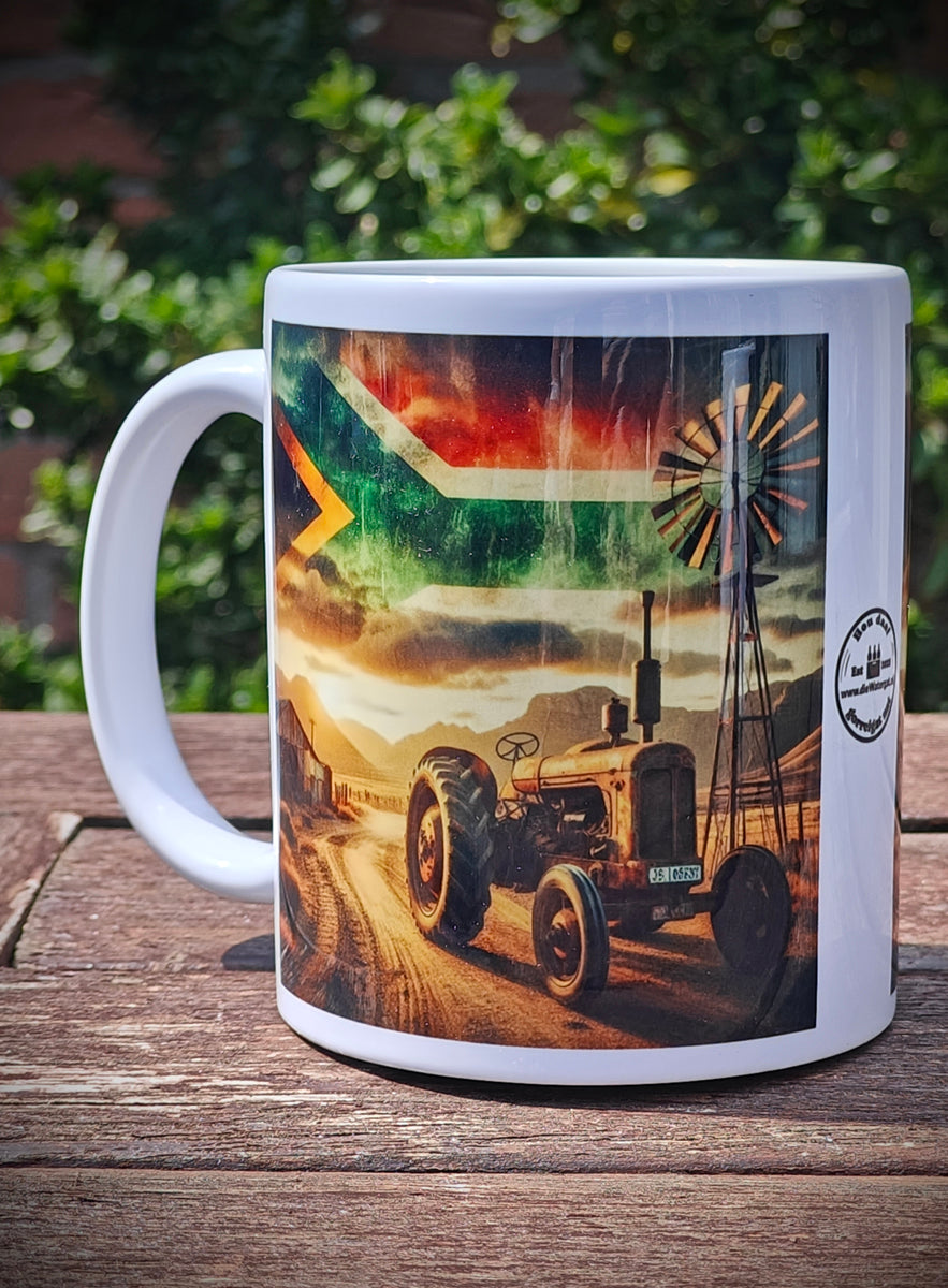 Rustic Brown-Red Tractor Coffee Mug – South African Flag Sky, Farm Windmill, Barn & Mountain Background – Proud Farmer Heritage Gift