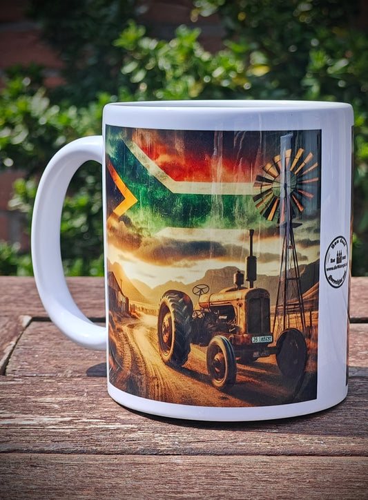 Rustic Brown-Red Tractor Coffee Mug – South African Flag Sky, Farm Windmill, Barn & Mountain Background – Proud Farmer Heritage Gift