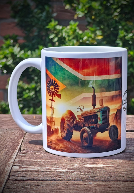 Blue-Green Rustic Tractor Coffee Mug – South African Flag Sky, Farm Wind Pump & Mountain Scenery – Proudly South African Farmer Gift