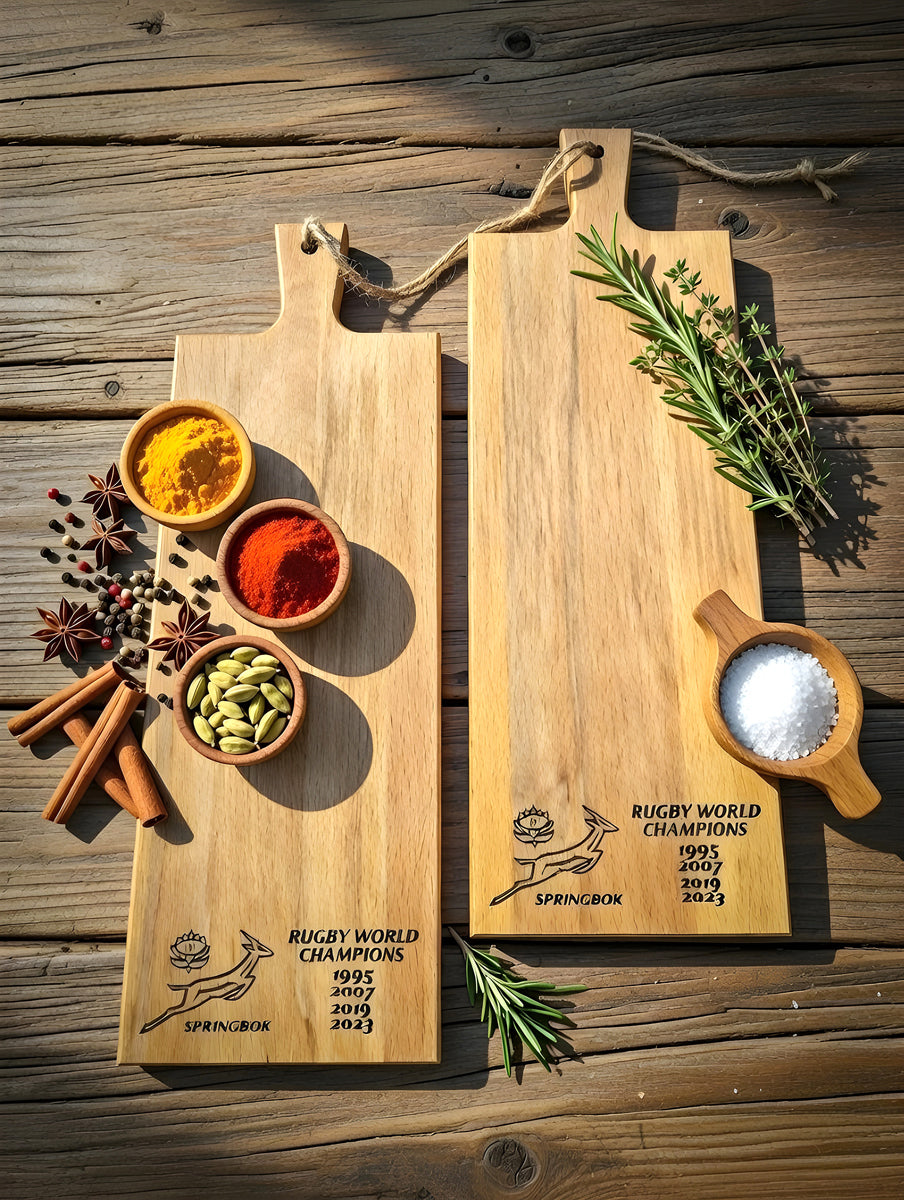 Rugby World Champions Snack Board – Solid Wood Charcuterie Board with Springbok Logo, Perfect for Biltong & Snacks